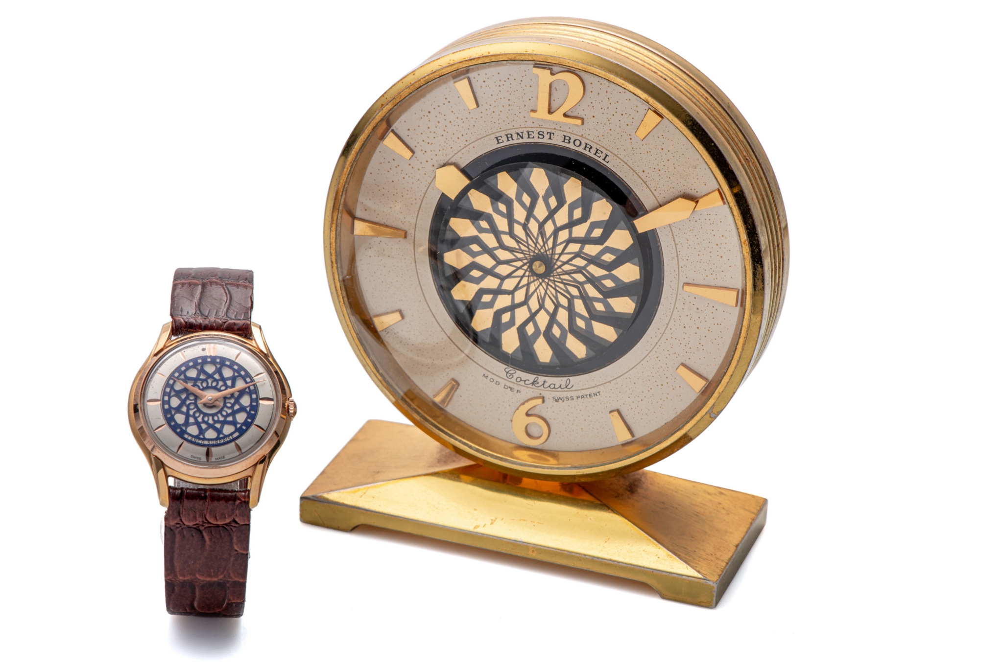 Bộ đôi đồng hồ: để bàn và đeo tay được sản xuất bởi Ernest Borel, Le Noirmont khoảng năm 1955-1960