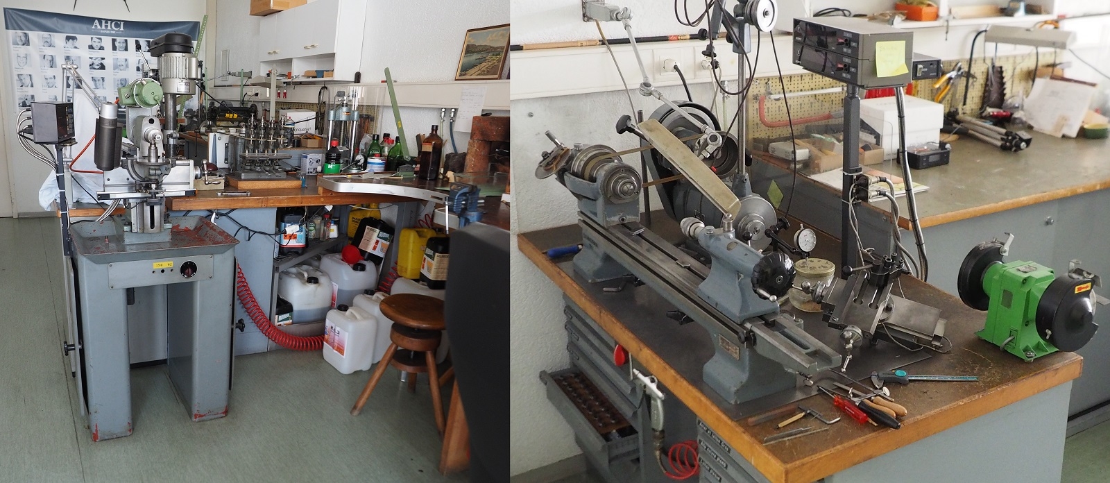 Máy hữu ích nhất để sản xuất các bộ phận một lần là máy phay công cụ đa năng (trái), trong khi bánh răng được sản xuất trên máy tiện Schaublin (phải), một cảnh quen thuộc trong các xưởng chế tác đồng hồ